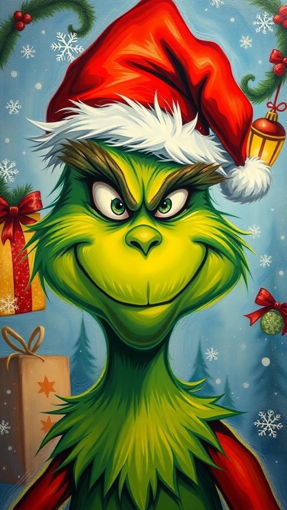 A colorful Grinch painting with a snowy Christmas background.